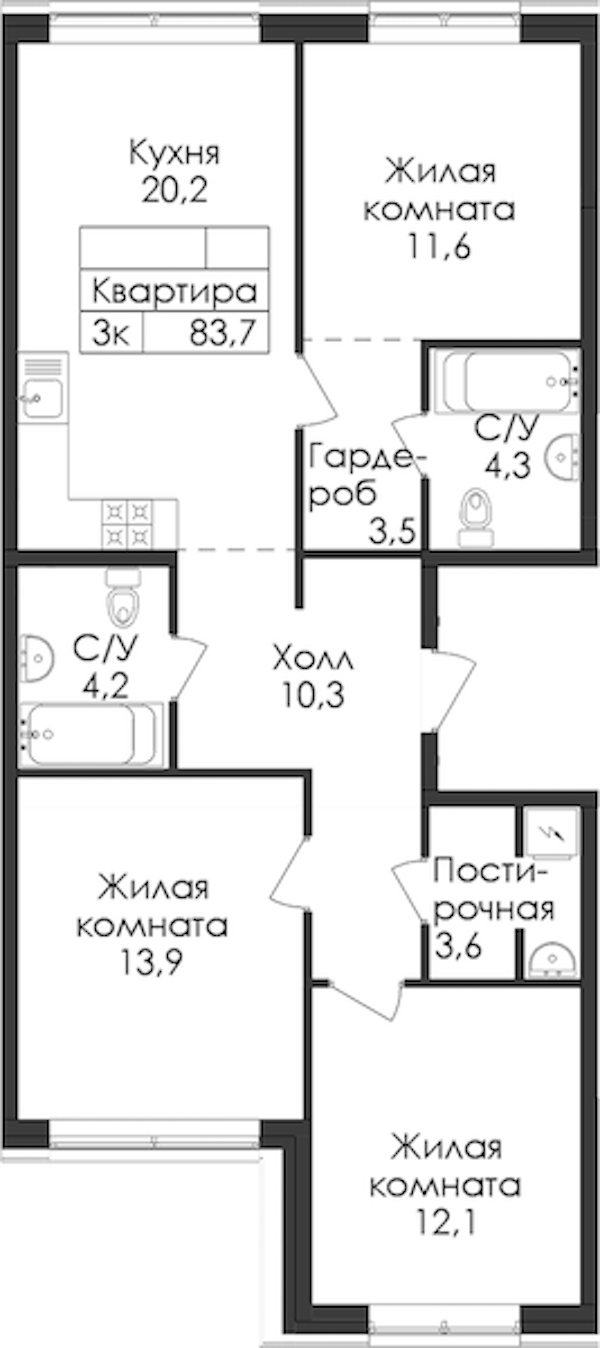 3-комнатная квартира 83.7 м², 1/9 эт., ЖК «Лермонтовский 54»